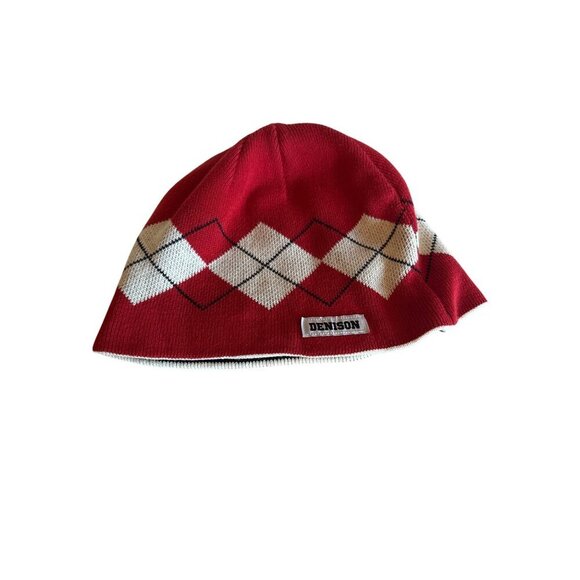 Denison Reversible Argyle Knit Beanie Red & White - Picture 1 of 6